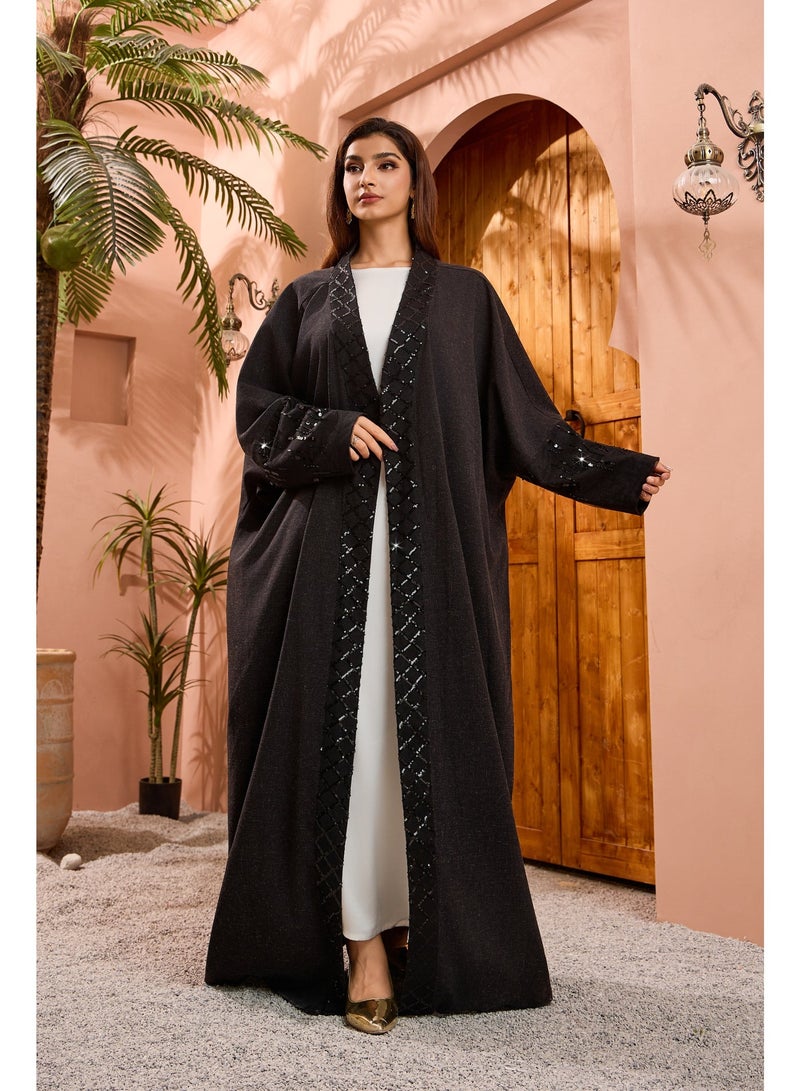 Dubai Sequins Patchwork Abaya Muslim Elegant Casual Solid Open Kaftan Arabic Dresses For Women - Image 2